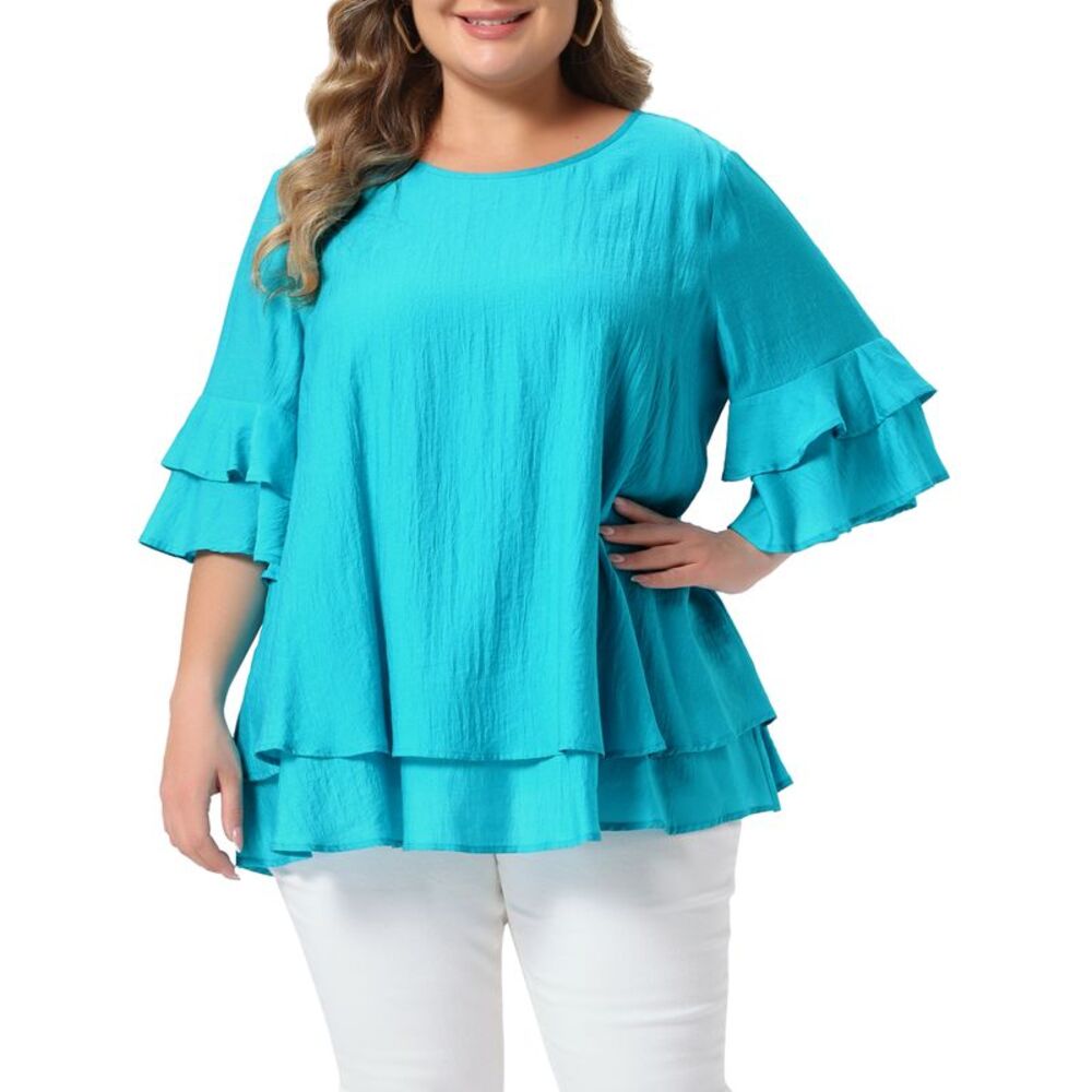 Women Plus Size Ruffle Half Short Sleeve Summer Blouse Top Blue